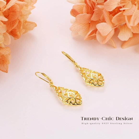 Leverback Dangle Earrings for Women Teardrop Filigree 14K Gold Plated Earrings - Picture 4 of 6